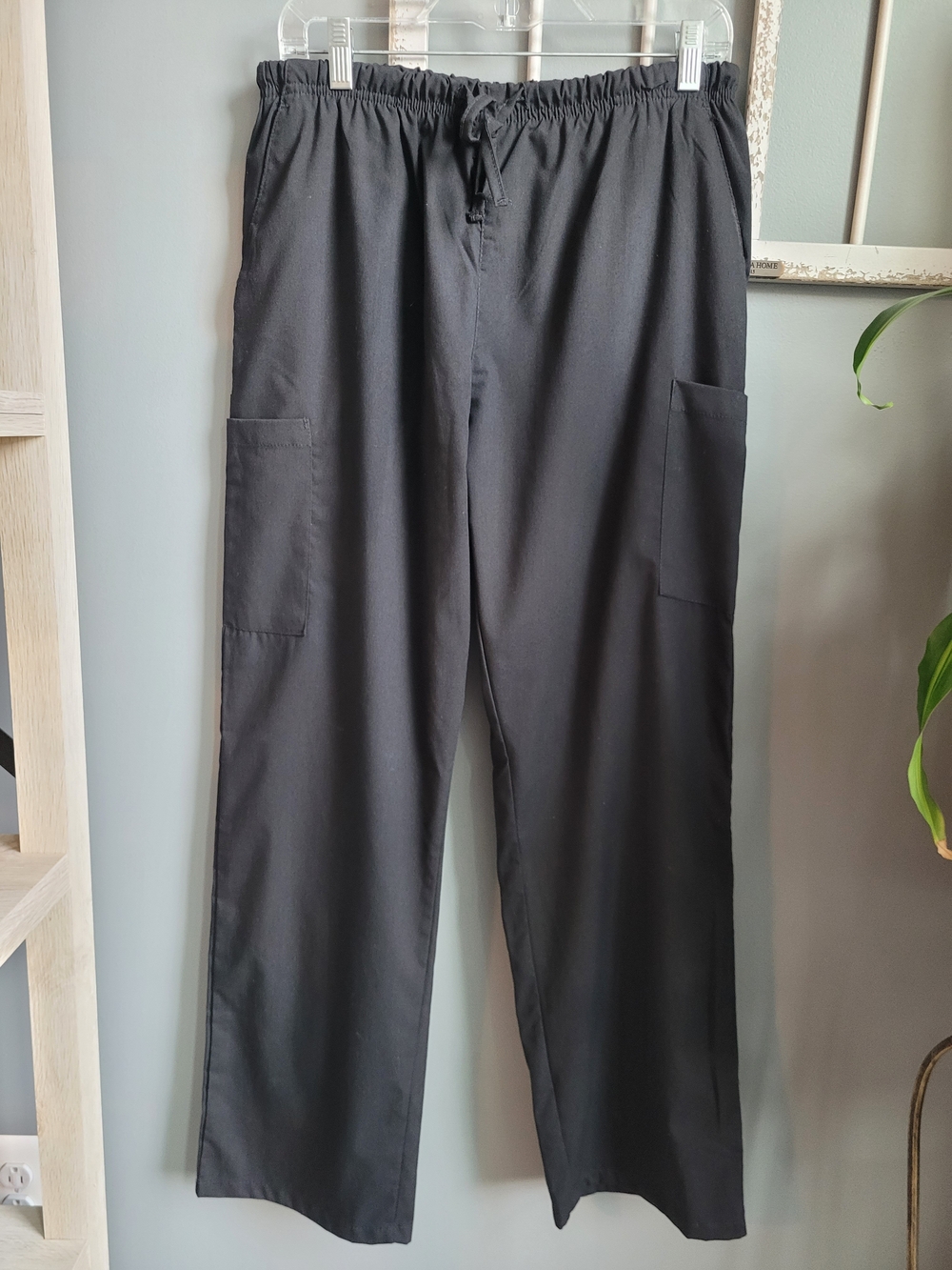 Women's Black Elastic Drawstring Waist Scrub Pants, Size Large